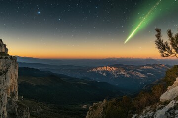 A breathtaking view of a mountain range at night with a shooting star streaking across the sky, ideal for use in astronomy or nature-themed designs