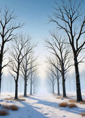 Snowy path with winter trees lining the sides; blue sky illustration; vertical rectangle