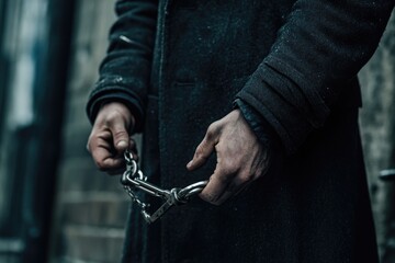 A person in a black coat holding a pair of handcuffs, suitable for law enforcement or crime scene images