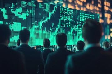 Group of professionals observing stock market trends on a digital display at night.