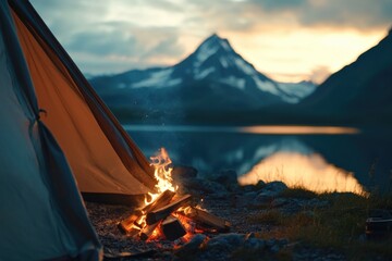 A campfire in front of a tent with mountains in the background, great for outdoor adventure and wilderness themes