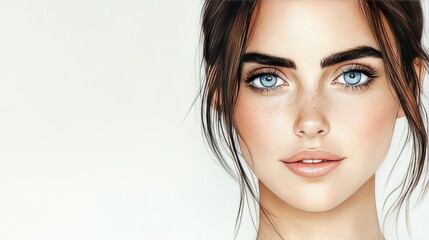 Naklejka premium Portrait of a woman with piercing blue eyes soft hair framing her face against a neutral background radiating modern elegance and natural beauty