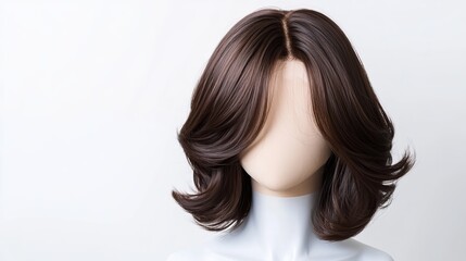 Realistic dark brown wig on a white mannequin head Short brown hair on a plastic wig holder isolated on a white background front view