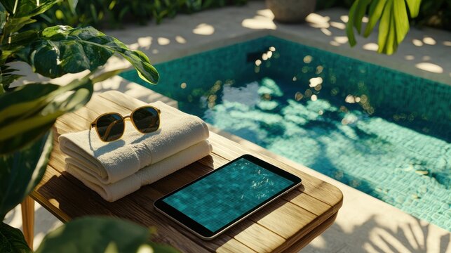 A tablet is on a wooden table next to a towel and a pair of sunglasses