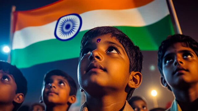 Captured at dusk, young Indian males express awe and pride under the glow of their national flag. Highlighting a sense of unity and national pride, this scene conveys deep cultural respect and