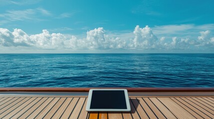 A tablet is sitting on a wooden deck overlooking the ocean