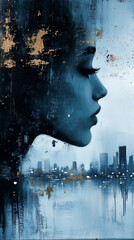 Abstract Woman's Silhouette in Blue Cityscape Art