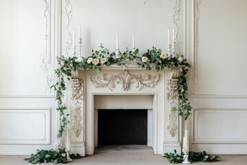 Fototapeta premium Christmas festive decoration of Art Nouveau fireplace with curving mantels, floral garlands, and delicate candle holders in living room chic beige interior