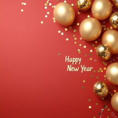 Festive gold balloons and confetti on a red background, featuring a Happy New Year message, Ideal for invitations, social media posts, and celebrations related to New Year festivities,