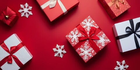 Frame Festively wrapped gifts surrounded by snowflakes on a red background during the holiday season