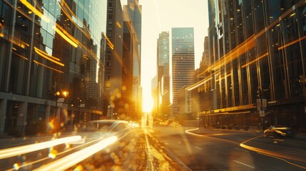 A city street with many tall buildings