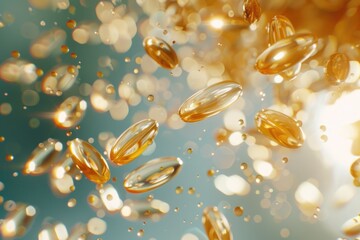 A group of small golden pills are floating in mid-air, with no visible means of support