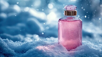 Perfume bottle in the snow, freezing winter atmosphere.