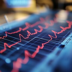 Fototapeta premium Close-up of a heart monitor displaying an ECG reading in vibrant red lines.