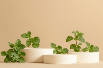 A set of podiums in white color against beige background with few fish mint leaves. Fish mint (Houttuynia cordata) with generative ai