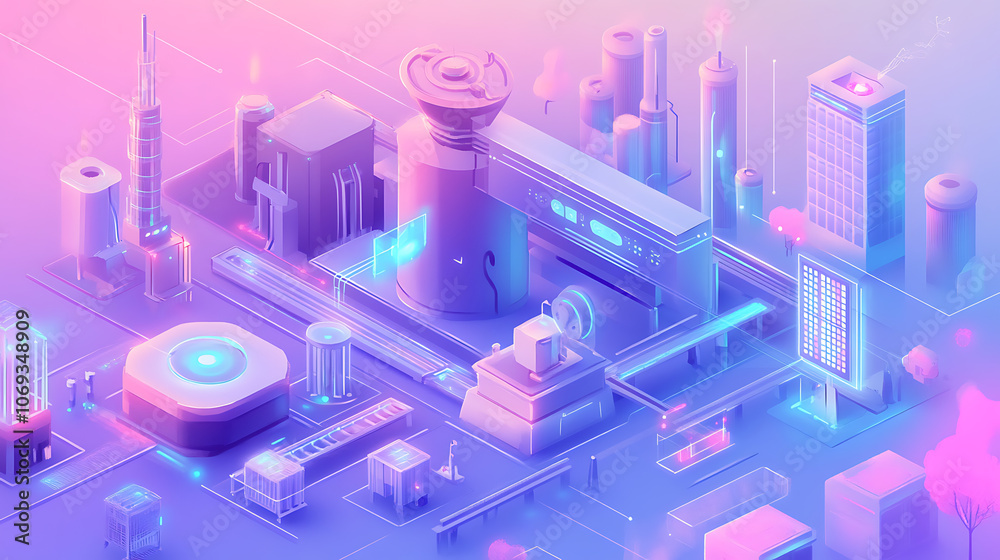 Poster A futuristic image illustrating the concept of a smart factory, Advanced technology like AI, IoT and robotics in manufacturing processes for greater efficiency and productivity