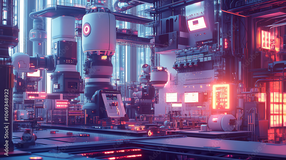 Poster A futuristic image illustrating the concept of a smart factory, Advanced technology like AI, IoT and robotics in manufacturing processes for greater efficiency and productivity