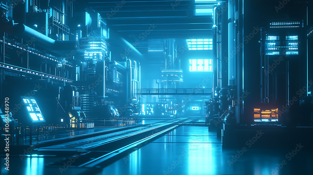 Poster A futuristic image illustrating the concept of a smart factory, Advanced technology like AI, IoT and robotics in manufacturing processes for greater efficiency and productivity