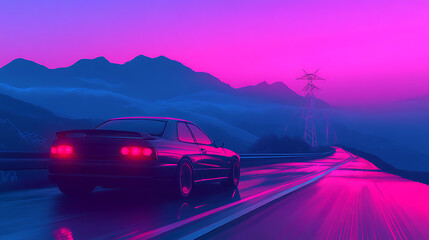 Naklejka premium A generic and unbranded modern car running on mountain street, illustration