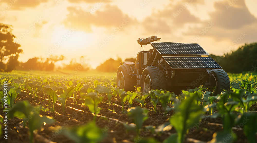 Poster a solar-powered agriculture robot working in the field, integration of renewable energy and advanced