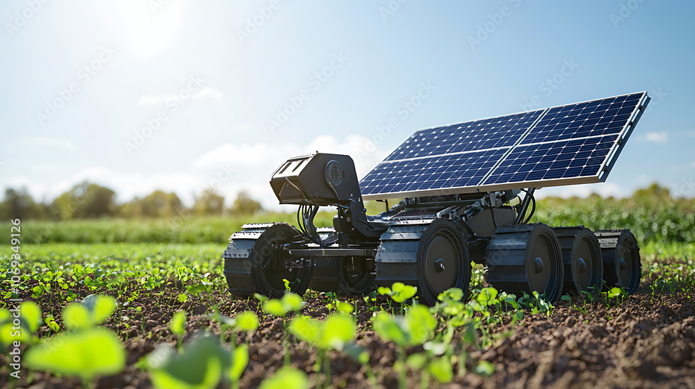 Poster A solar-powered agriculture robot working in the field, Integration of renewable energy and advanced technology to improve efficiency and sustainability practices in modern farming