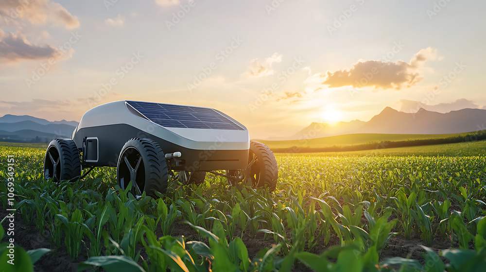 Poster A solar-powered agriculture robot working in the field, Integration of renewable energy and advanced technology to improve efficiency and sustainability practices in modern farming