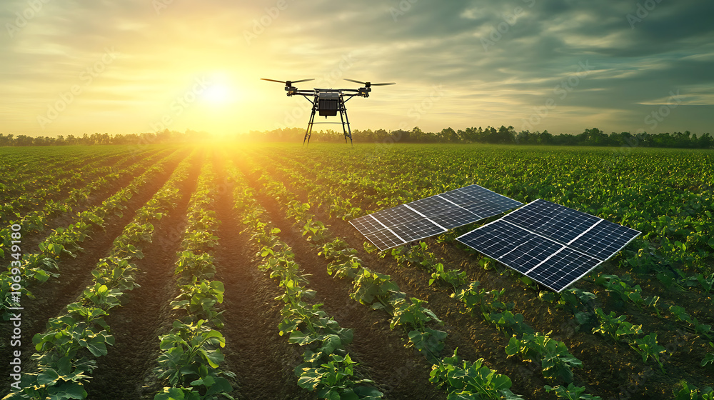 Aufkleber A solar-powered agriculture robot working in the field, Integration of renewable energy and advanced technology to improve efficiency and sustainability practices in modern farming