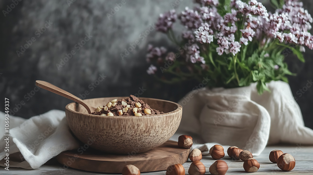 Aufkleber bowl with tasty chocolate paste and hazelnuts on table