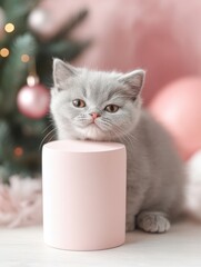 A fluffy gray kitten rests its chin on a pink cylindrical object, set against a softly blurred festive background with lights and ornaments, perfect for pet-themed content or holiday greetings,