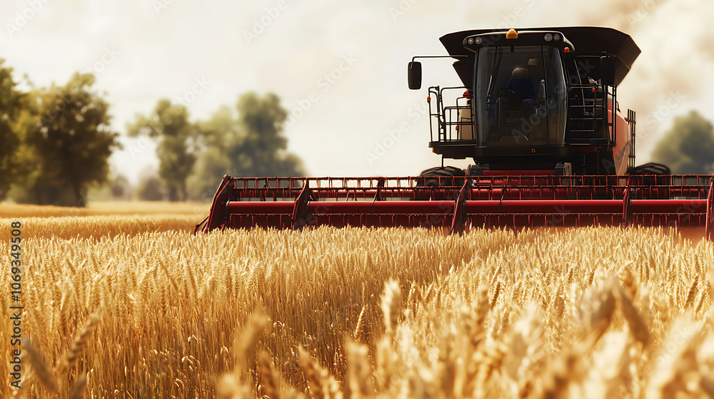 Poster combine harvester collecting wheat in field