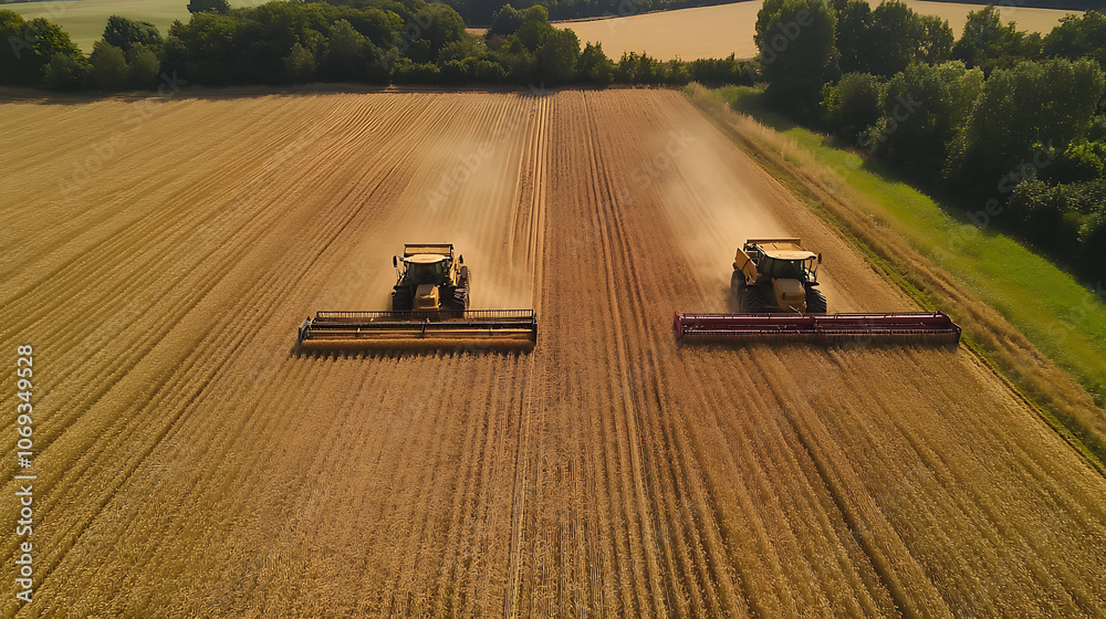 Poster combine harvester collecting wheat in field