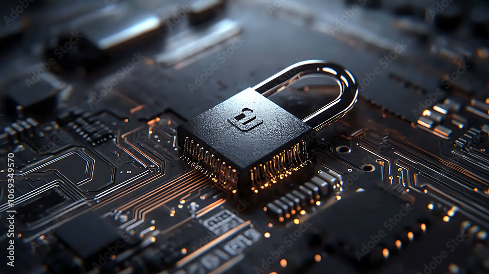 Poster cybersecurity concept depicting a padlock on top of a microchip board, symbolizing protection, safet