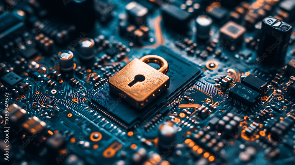 Poster Cybersecurity concept depicting a padlock on top of a microchip board, symbolizing protection, safety, and secure connections in the digital world