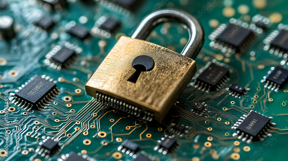 Poster cybersecurity concept depicting a padlock on top of a microchip board, symbolizing protection, safet