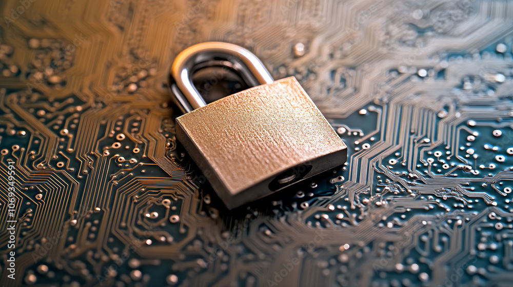 Poster cybersecurity concept depicting a padlock on top of a microchip board, symbolizing protection, safet
