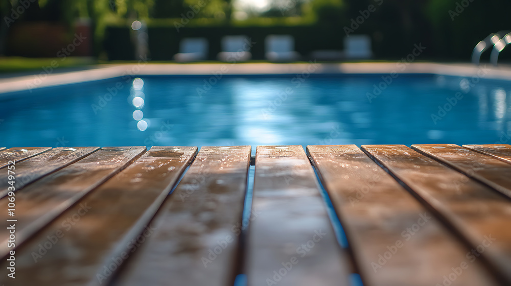Poster empty wooden table in front with blurred background of swimming pool