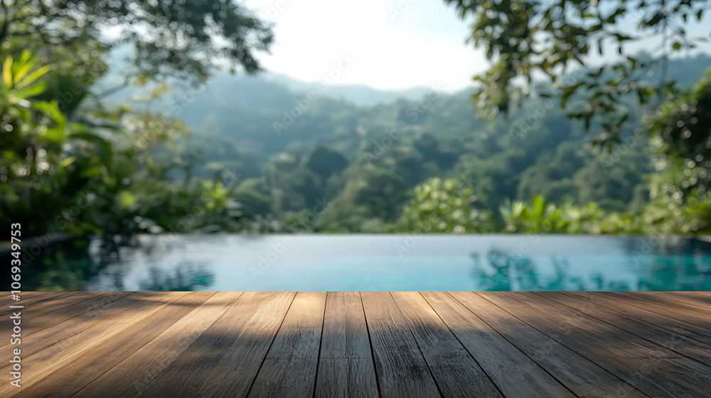Poster empty wooden table in front with blurred background of swimming pool