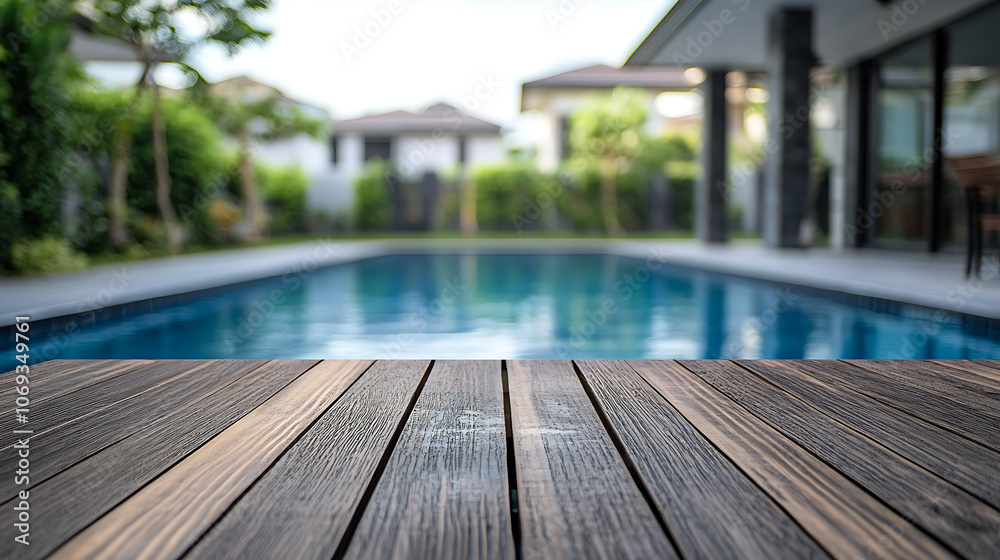 Aufkleber Empty wooden table in front with blurred background of swimming pool