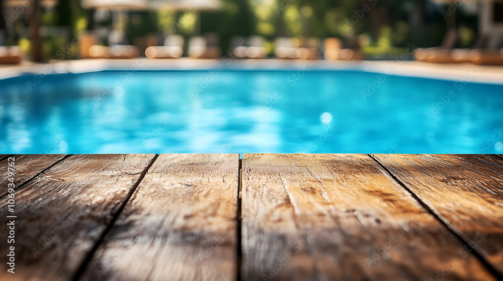 Poster empty wooden table in front with blurred background of swimming pool