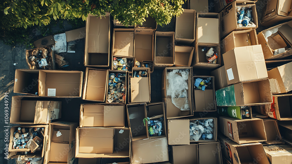 Poster engaging overhead shot of recycled cardboard boxes arranged neatly, signifying the eco zero waste co