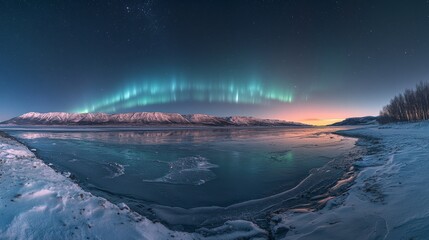 Naklejka premium Northern Lights glowing above snow-covered mountains and beach landscape