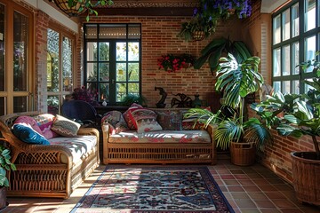 Cozy Sunlit Sunroom with Lush Greenery and Elegant Decor