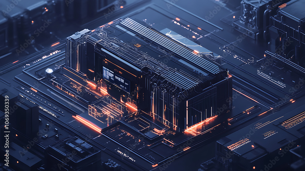 Poster industry 4,0 concept featuring an isometric smart factory building on a dark background, evoking a s