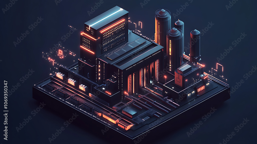 Poster Industry 4,0 concept featuring an isometric smart factory building on a dark background, evoking a sense of futuristic cyberspace and advanced industrial automation