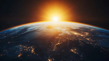 Inspiring view of sunrise as seen from Earth's orbit in space, This image captures the breathtaking spectacle of the sun's golden rays illuminating the curvature of our planet