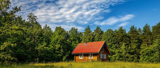 Obraz premium Charming Wooden Cabin in a Lush Green Forest with a Blue Sky