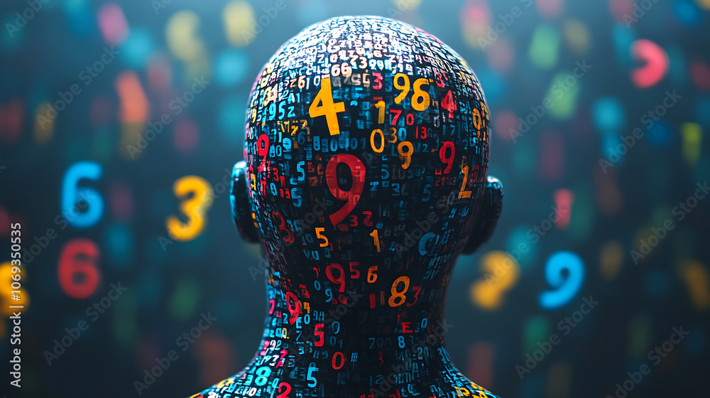 Poster a head with colorful numerals from behind