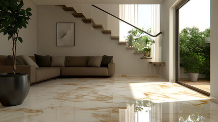 a modern living room with a couch and stair and marble flooring