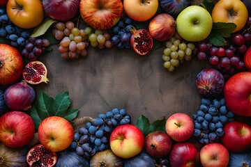 Assorted fruits including apples, grapes, and pomegranates forming a border on a wooden background. Flat lay composition for autumn or harvest design