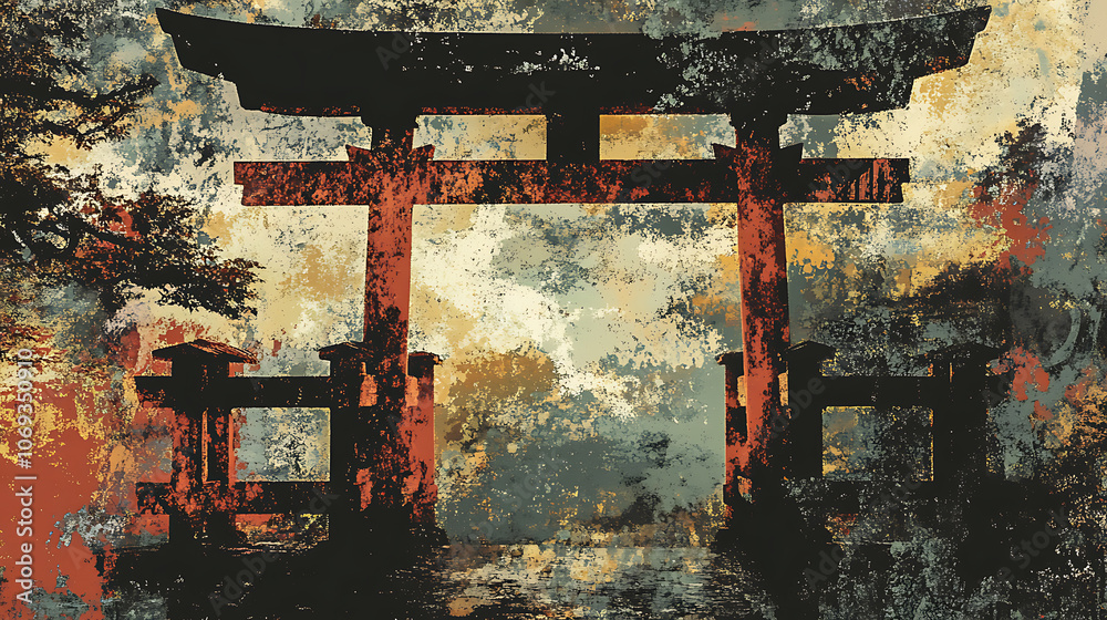 Poster abstract image of ancient torii gate, landscape in japanese style